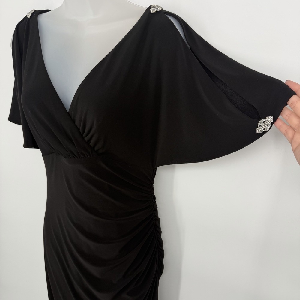 Ralph Lauren Sz 6 Black Shirred Mini Dress Ruched Side Cold Shoulder Embellished - Picture 5 of 8